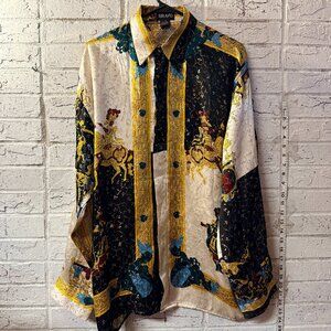 Bravo Metallic Silk Baroque Print Button-Down Shirt – Size M